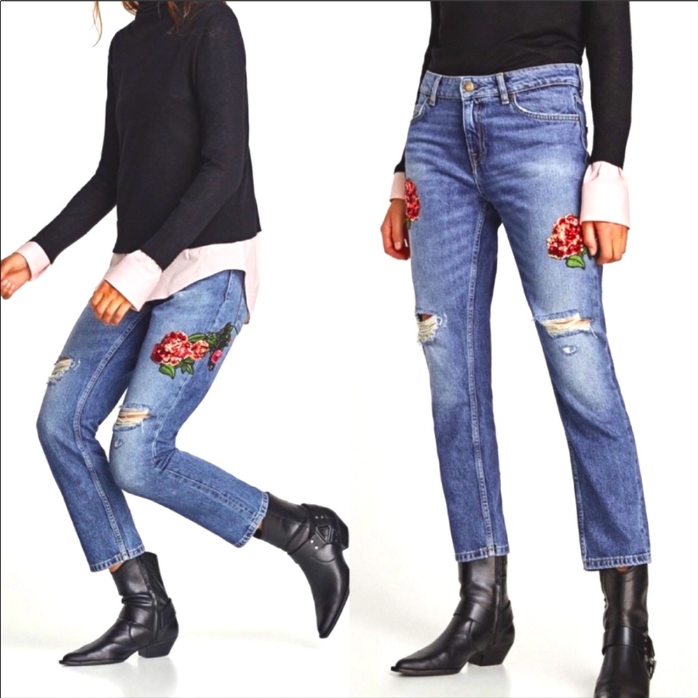 ZARA high waisted distressed rose sequined jeans